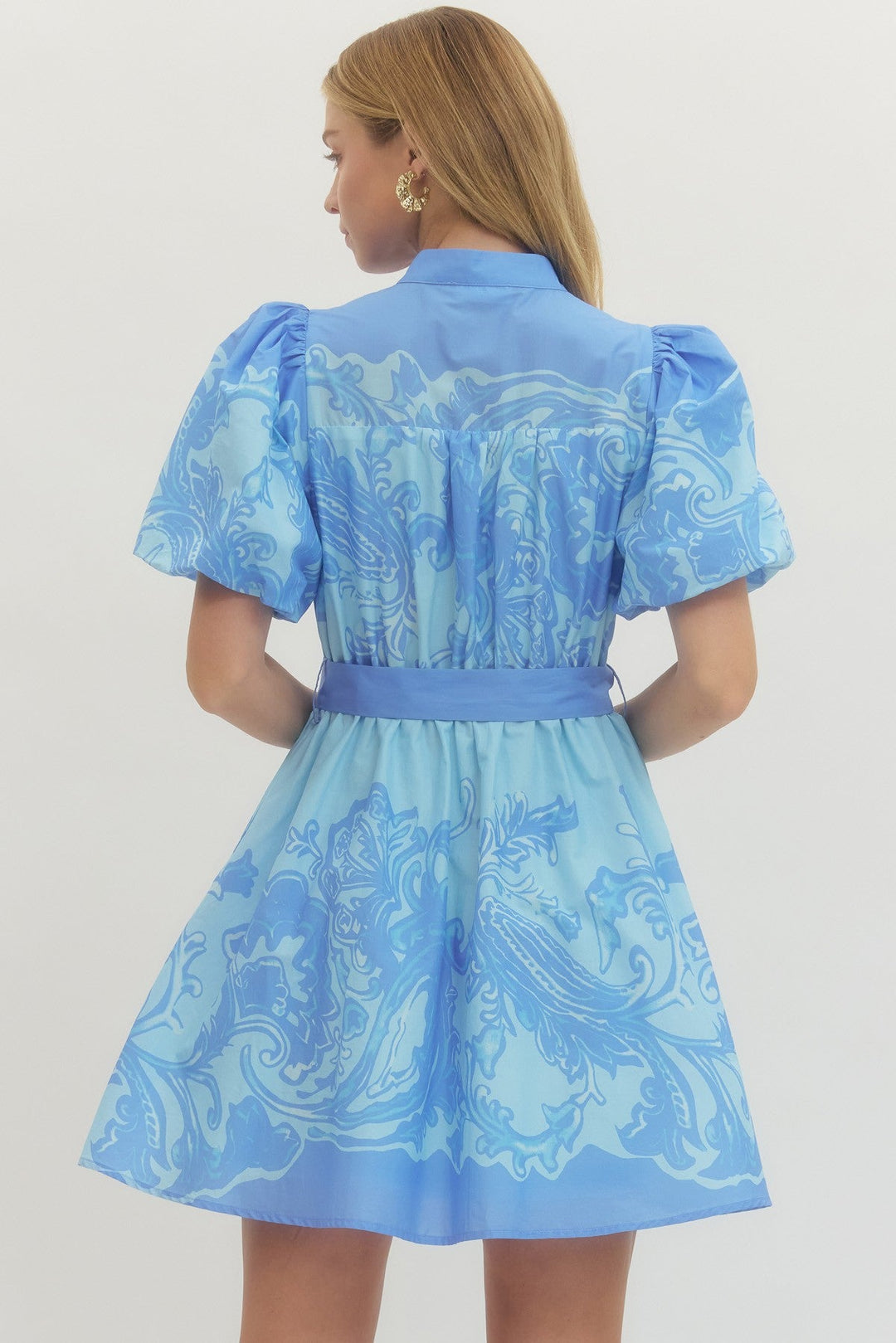 Baroque Print Puff Sleeve Mini Dress - Lush Lemon - Women's Clothing - Entro - 12803701076477