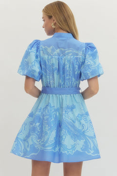 Baroque Print Puff Sleeve Mini Dress - Lush Lemon - Women&