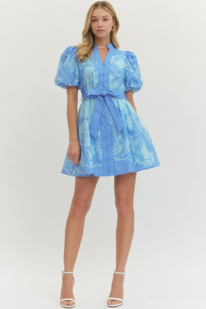 Baroque Print Puff Sleeve Mini Dress - Lush Lemon - Women's Clothing - Entro - 12803701076477