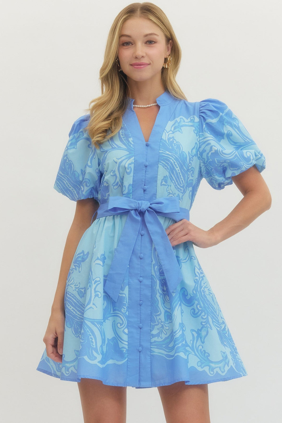 Baroque Print Puff Sleeve Mini Dress - Lush Lemon - Women's Clothing - Entro - 12803701076477