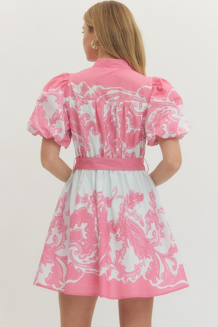 Baroque Print Puff Sleeve Mini Dress - Lush Lemon - Women's Clothing - Entro - 12803701374781