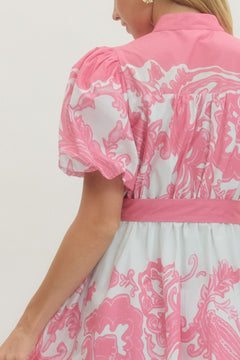 Baroque Print Puff Sleeve Mini Dress - Lush Lemon - Women&