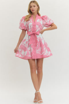 Baroque Print Puff Sleeve Mini Dress - Lush Lemon - Women&