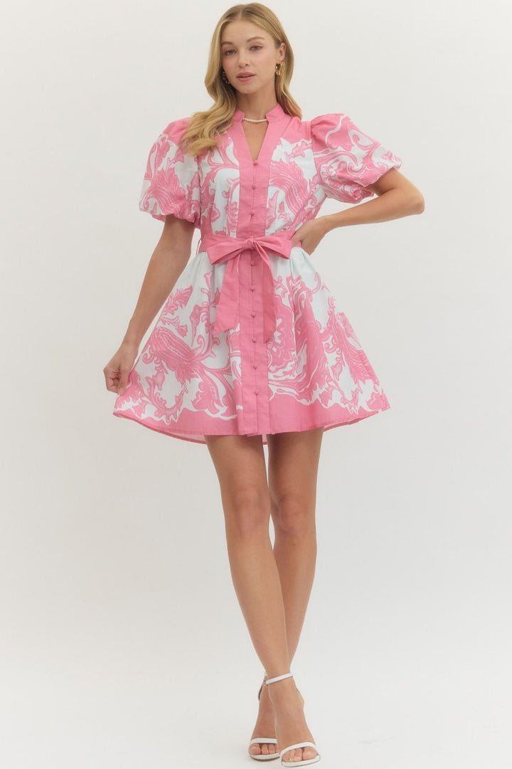 Baroque Print Puff Sleeve Mini Dress - Lush Lemon - Women's Clothing - Entro - 12803701374781