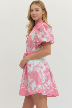Baroque Print Puff Sleeve Mini Dress - Lush Lemon - Women&