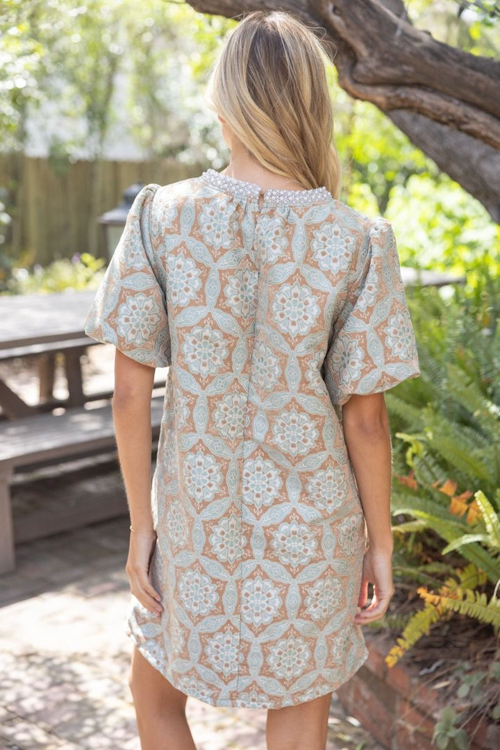Beaded Geometric Velvet Jacquard Dress - Lush Lemon - Women's Clothing - Voy - 65794491021469