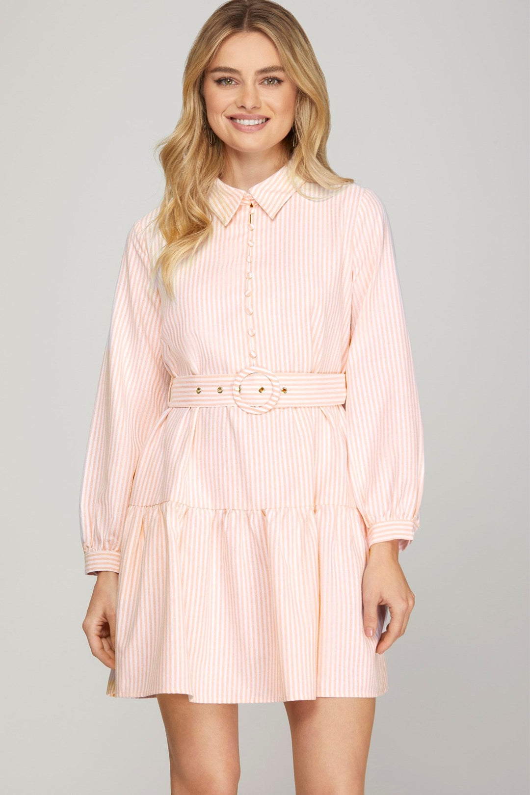 Belted Stripe Dress W/Pockets - Lush Lemon - Women's Clothing - She + Sky - 75505902826109