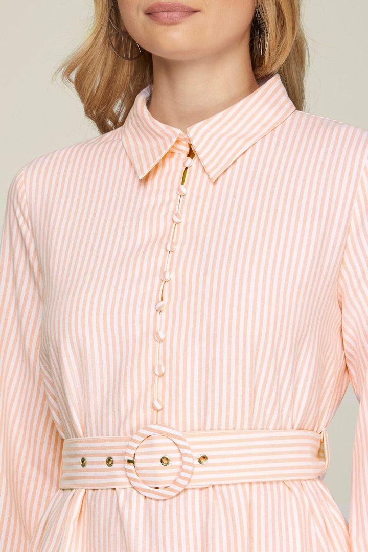 Belted Stripe Dress W/Pockets - Lush Lemon - Women's Clothing - She + Sky - 75505902826109