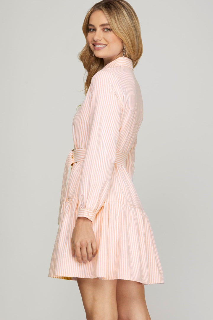 Belted Stripe Dress W/Pockets - Lush Lemon - Women's Clothing - She + Sky - 75505902826109