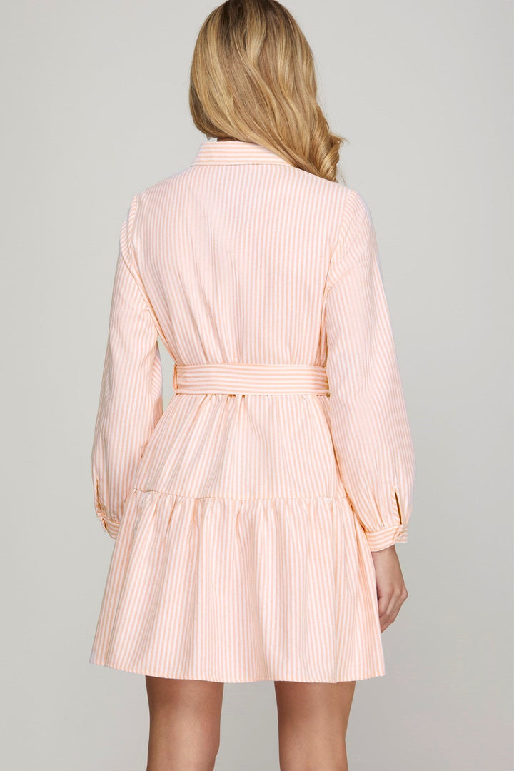 Belted Stripe Dress W/Pockets - Lush Lemon - Women's Clothing - She + Sky - 75505902826109