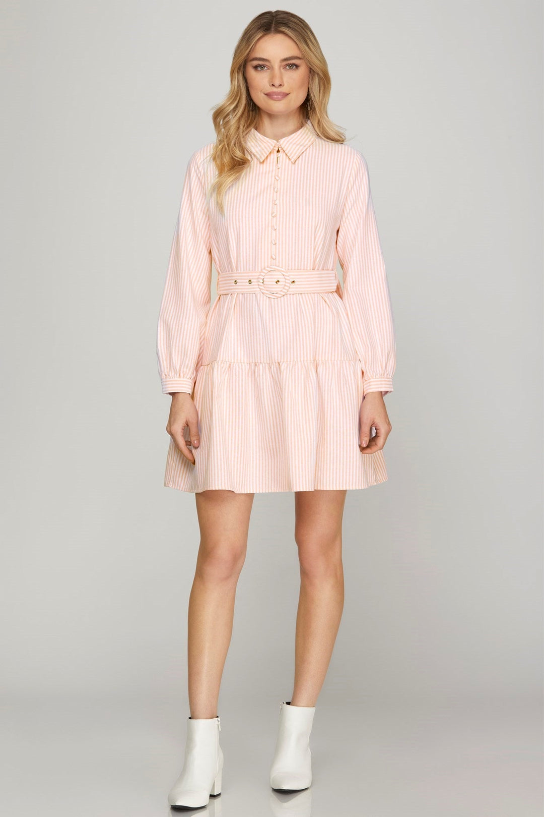 Belted Stripe Dress W/Pockets - Lush Lemon - Women's Clothing - She + Sky - 75505902826109