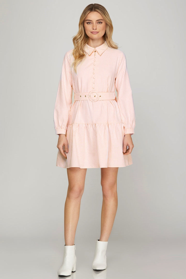 Belted Stripe Dress W/Pockets - Lush Lemon - Women's Clothing - She + Sky - 75505902826109