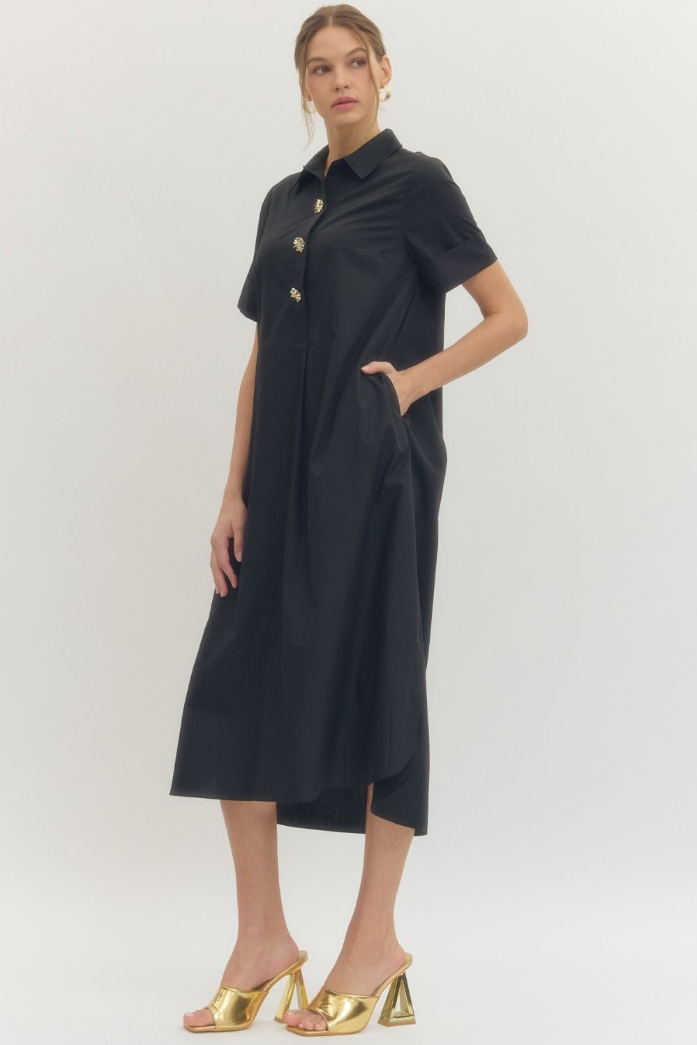 Black Gold Button Midi Dress - Lush Lemon - Women&