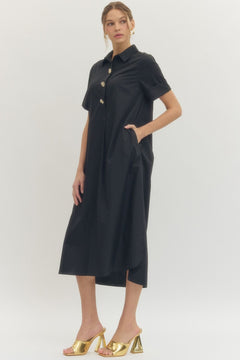 Black Gold Button Midi Dress - Lush Lemon - Women&