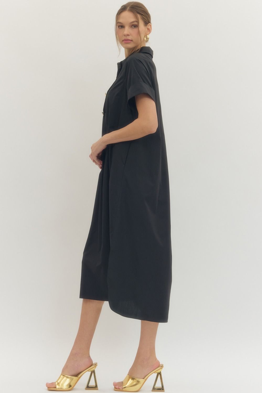 Black Gold Button Midi Dress - Lush Lemon - Women&