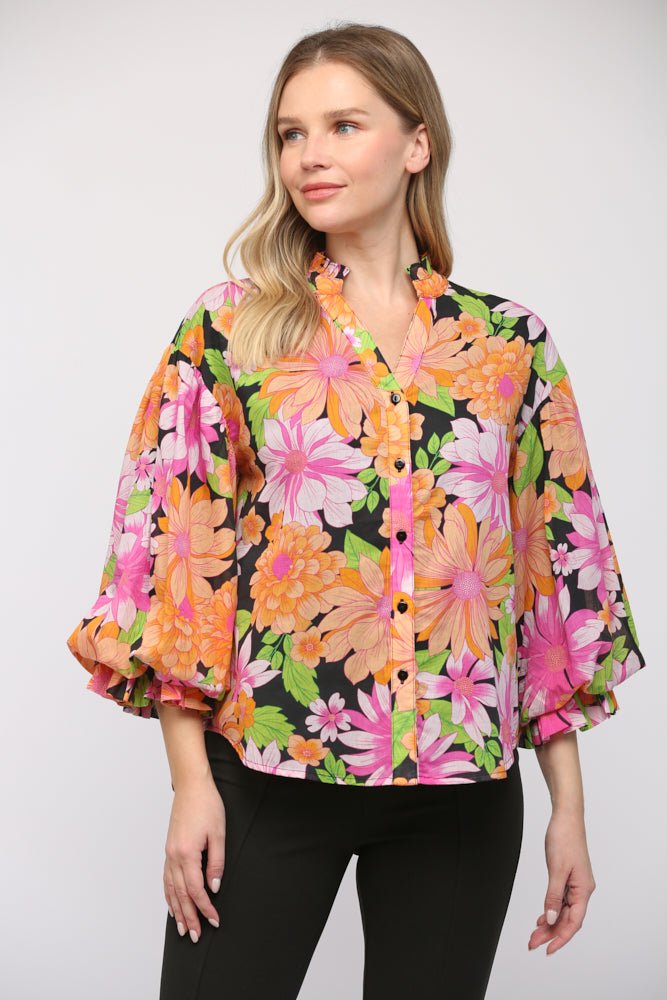 Blooming Bubble Sleeve Floral Blouse - Lush Lemon - Women's Clothing - Fate By LFD - 24028240281