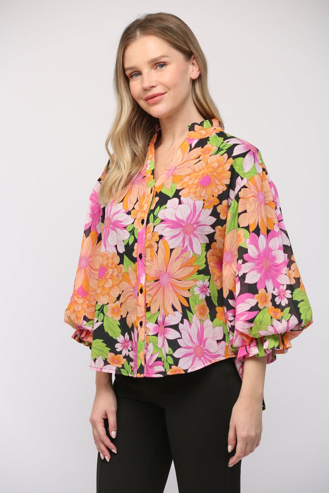 Blooming Bubble Sleeve Floral Blouse - Lush Lemon - Women's Clothing - Fate By LFD - 24028240281