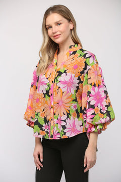 Blooming Bubble Sleeve Floral Blouse - Lush Lemon - Women&