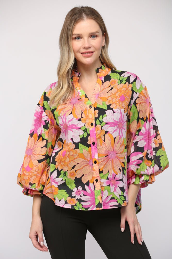 Blooming Bubble Sleeve Floral Blouse - Lush Lemon - Women's Clothing - Fate By LFD - 24028240281