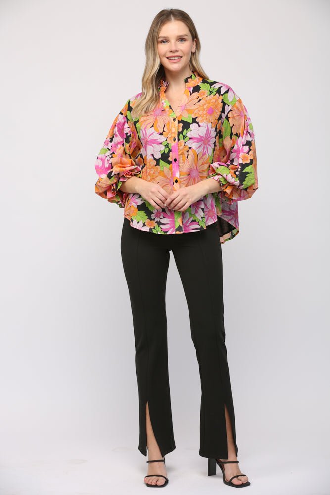 Blooming Bubble Sleeve Floral Blouse - Lush Lemon - Women's Clothing - Fate By LFD - 24028240281