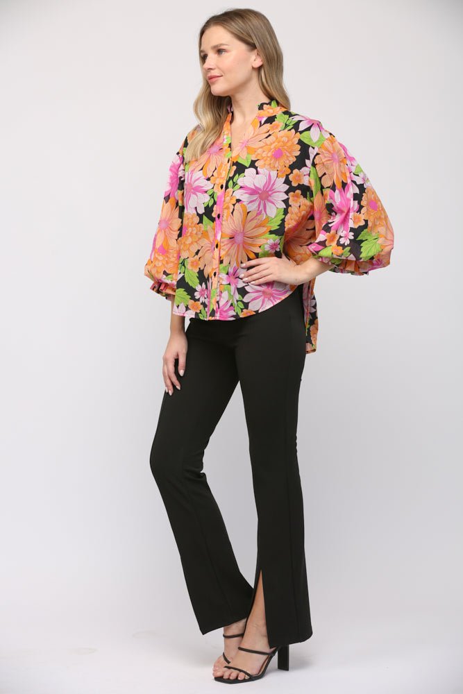 Blooming Bubble Sleeve Floral Blouse - Lush Lemon - Women's Clothing - Fate By LFD - 24028240281