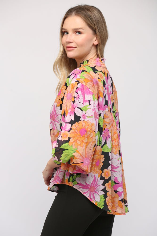 Blooming Bubble Sleeve Floral Blouse - Lush Lemon - Women's Clothing - Fate By LFD - 24028240281