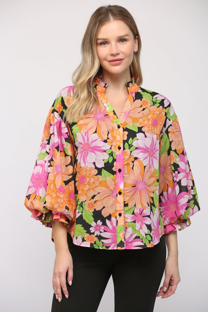 Blooming Bubble Sleeve Floral Blouse - Lush Lemon - Women's Clothing - Fate By LFD - 24028240281