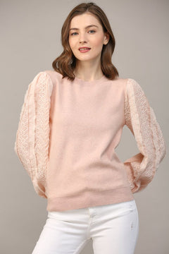 Blush Contrast Woven Sleeve Crew Neck Sweater - Lush Lemon - Women&