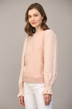 Blush Contrast Woven Sleeve Crew Neck Sweater - Lush Lemon - Women&