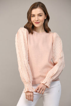 Blush Contrast Woven Sleeve Crew Neck Sweater - Lush Lemon - Women&