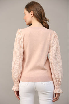 Blush Contrast Woven Sleeve Crew Neck Sweater - Lush Lemon - Women&