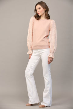 Blush Contrast Woven Sleeve Crew Neck Sweater - Lush Lemon - Women&