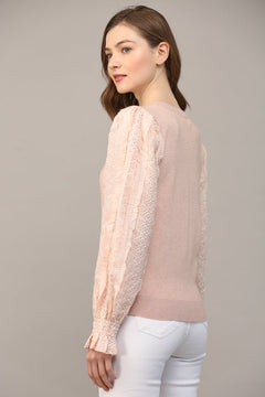 Blush Contrast Woven Sleeve Crew Neck Sweater - Lush Lemon - Women&