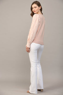 Blush Contrast Woven Sleeve Crew Neck Sweater - Lush Lemon - Women&