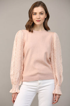 Blush Contrast Woven Sleeve Crew Neck Sweater - Lush Lemon - Women&