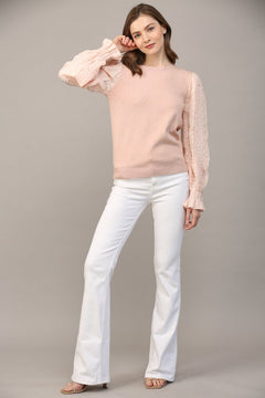 Blush Contrast Woven Sleeve Crew Neck Sweater - Lush Lemon - Women&