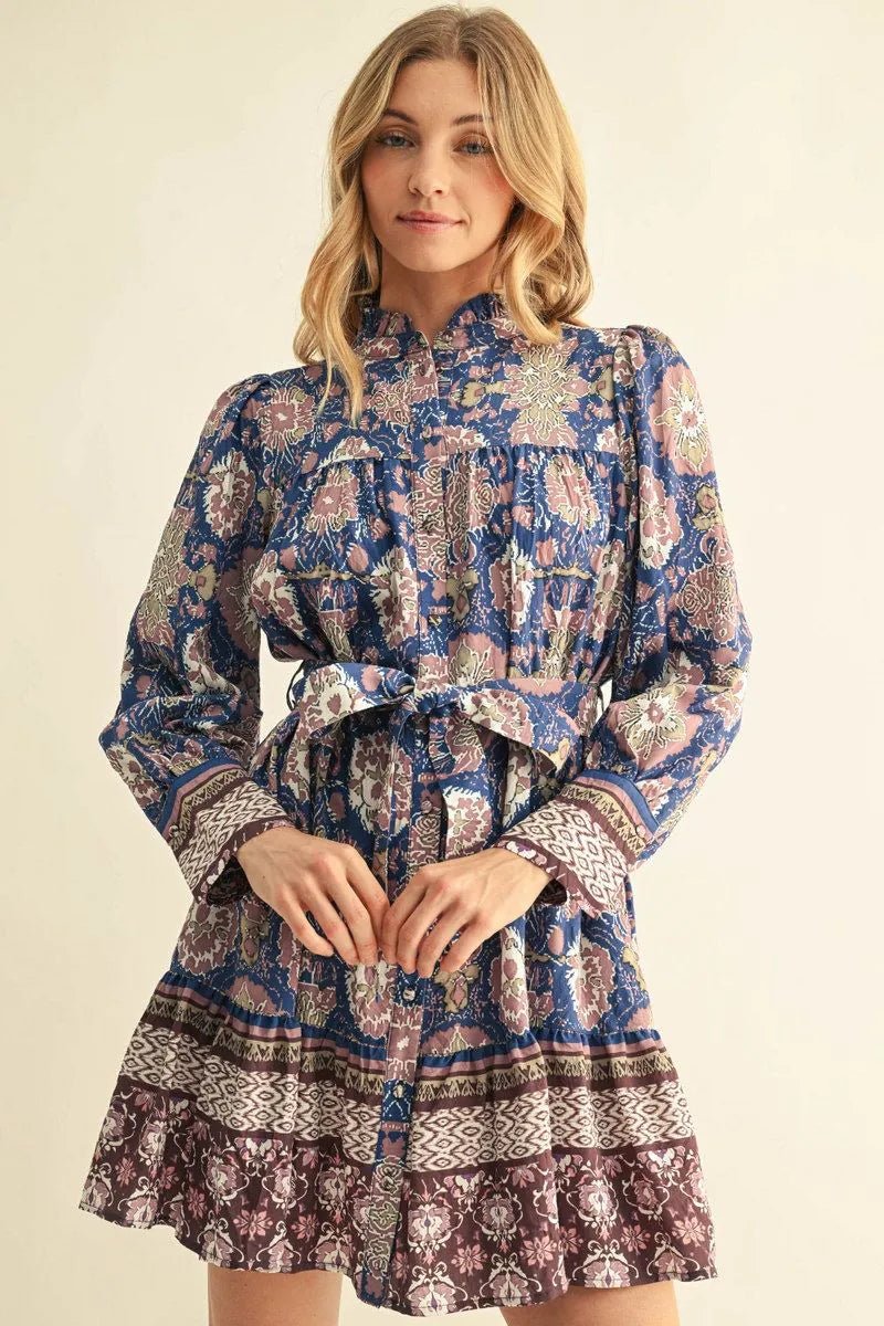 Boho Floral Tiered Mini Dress W/ Waist Tie - Lush Lemon - Women's Clothing - Jodifl - 