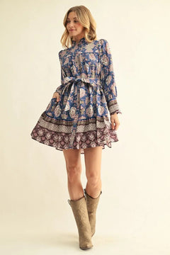 Boho Floral Tiered Mini Dress W/ Waist Tie - Lush Lemon - Women&
