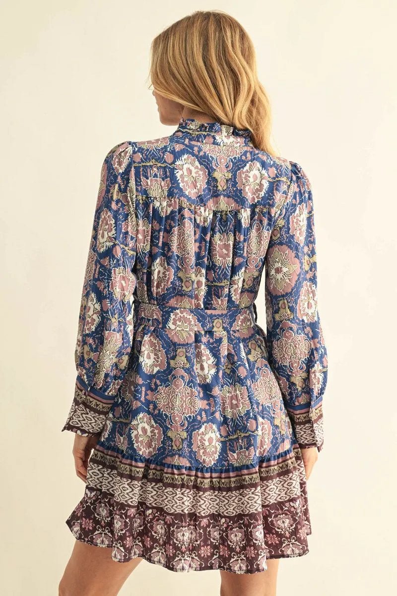 Boho Floral Tiered Mini Dress W/ Waist Tie - Lush Lemon - Women&