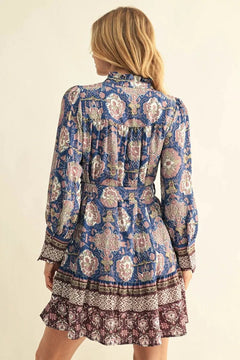 Boho Floral Tiered Mini Dress W/ Waist Tie - Lush Lemon - Women&