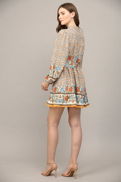 Border Print Belted Button Front Dress - Lush Lemon - Women&