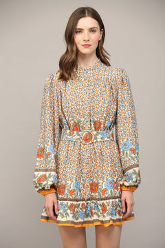 Border Print Belted Button Front Dress - Lush Lemon - Women&