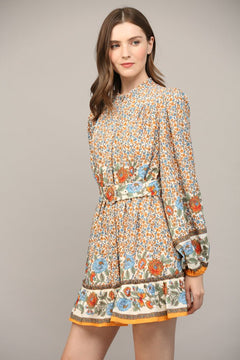 Border Print Belted Button Front Dress - Lush Lemon - Women&