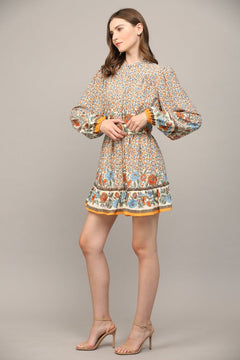 Border Print Belted Button Front Dress - Lush Lemon - Women&