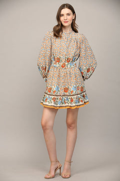 Border Print Belted Button Front Dress - Lush Lemon - Women&