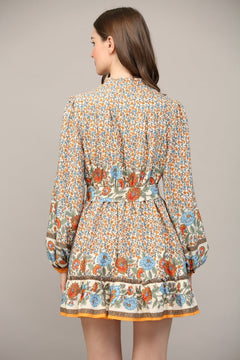 Border Print Belted Button Front Dress - Lush Lemon - Women&