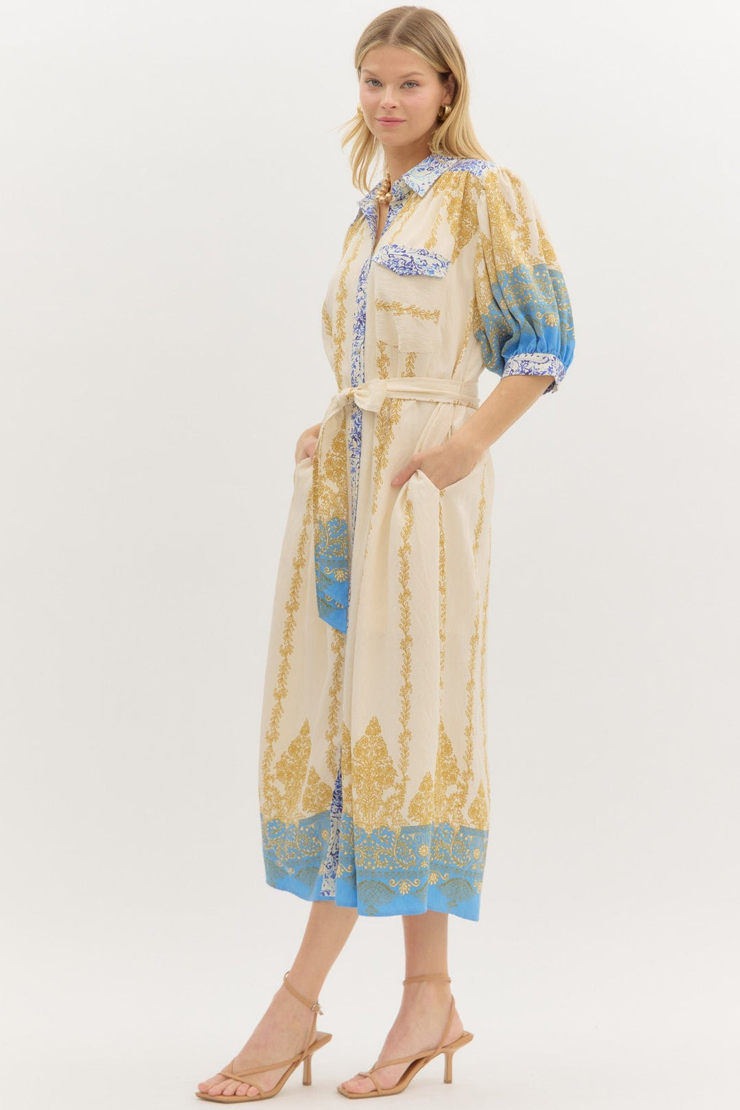 Border Print Midi Dress W/Self Belt - Lush Lemon - Women's Clothing - Entro - 18574401034941