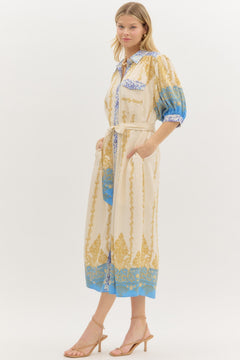 Border Print Midi Dress W/Self Belt - Lush Lemon - Women&