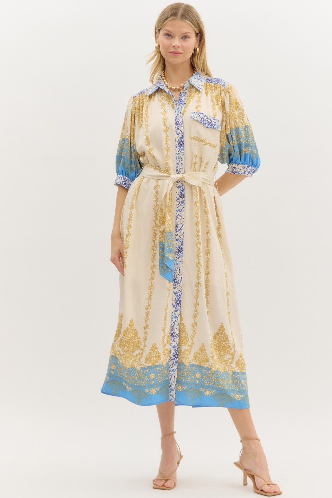 Border Print Midi Dress W/Self Belt - Lush Lemon - Women's Clothing - Entro - 18574401034941