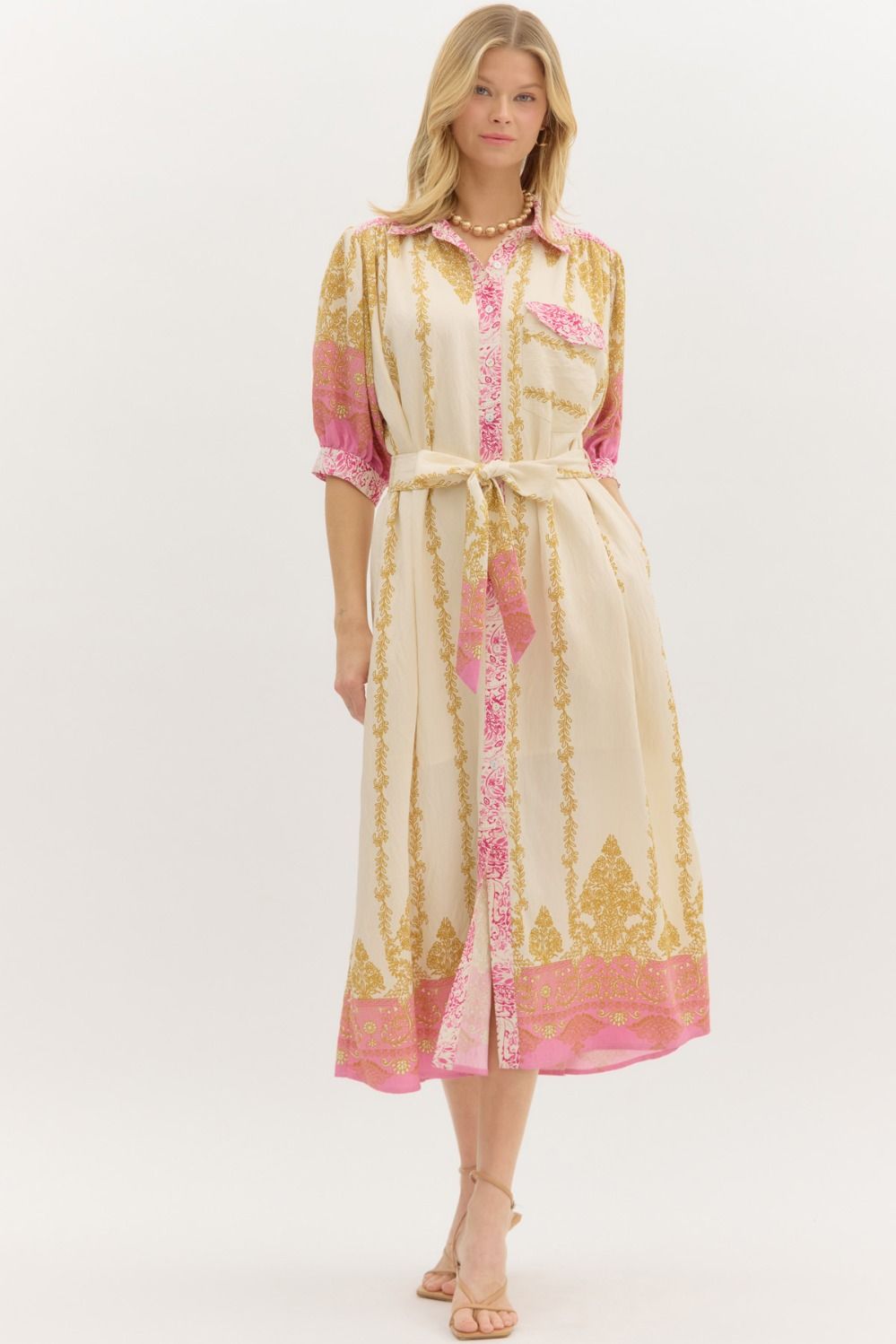 Border Print Midi Dress W/Self Belt - Lush Lemon - Women's Clothing - Entro - 58574401333245